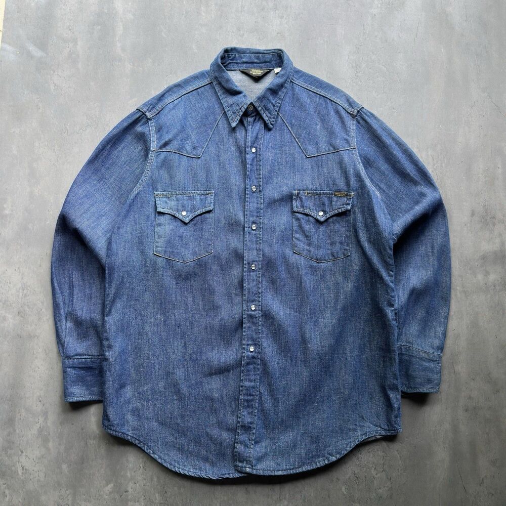 Vintage 70s Roebucks Sears Western Wear Denim Pearl Snap Shirt XL Tall USA